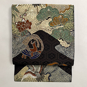 松川菱に鶴と松竹梅文様の織り名古屋帯