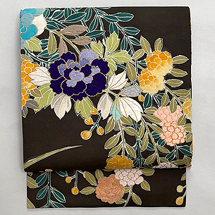 黒地小手毬に牡丹の名古屋帯