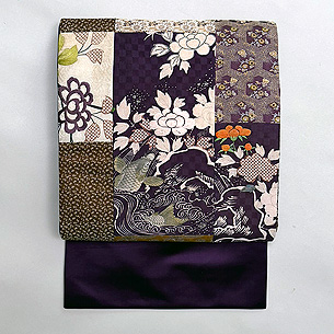 牡丹に鯉文様の江戸寄せ裂名古屋帯