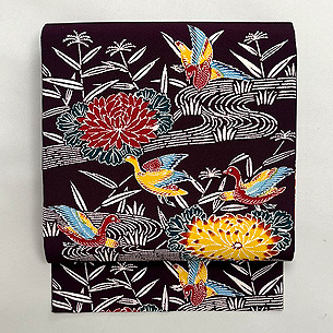 流れに菊と鴨鬼縮緬の名古屋帯