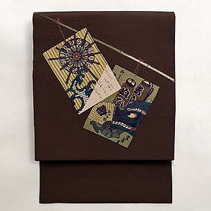 茶地縮緬張込みの名古屋帯