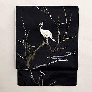 猫柳に白鷺の刺繍昼夜帯