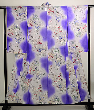 紫暈しに花と虫かごの単衣小紋