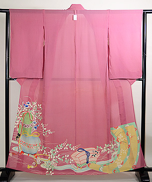 ピンク地虫かごの付下