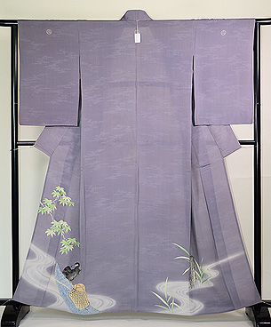 青もみじに鵜舟の単衣付下