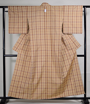 伊兵衛織 ベージュ格子柄単衣