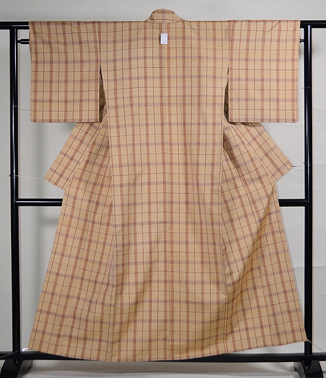 ベージュ系　シンプルな格子柄　単衣紬 単衣 紬 ランダムな格子柄 - からん::アンティーク着物
