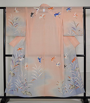 ピンク地葦辺に千鳥の付下