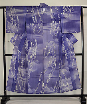 霞に柳の小紋単衣