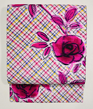 格子と薔薇銘仙名古屋帯