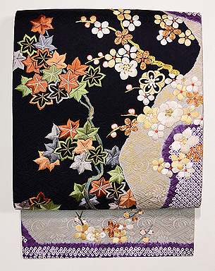 流水に梅紅葉の刺繍名古屋帯