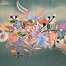 秋の小花と水車の刺繍袋帯 前柄