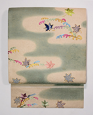 小波紋と楓の刺繍開き名古屋帯