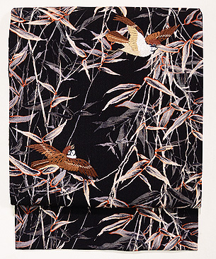 竹藪に雀縮緬名古屋帯