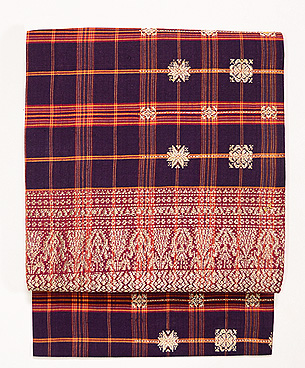 インドネシア 茶地格子に紋織名古屋帯