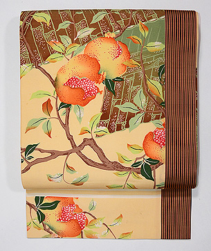 垣根とザクロの染名古屋帯