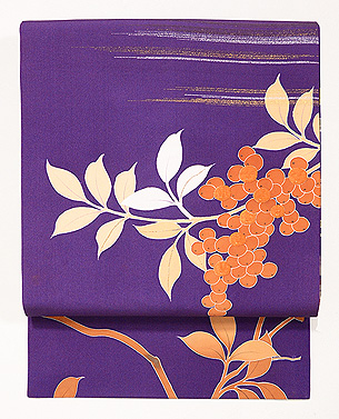 紫地南天の染名古屋帯