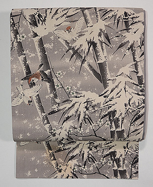雪持ち笹に雀縮緬地名古屋帯