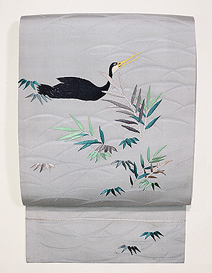 鵜に葦文様刺繍名古屋帯