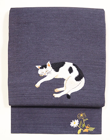 眠り猫の刺繍名古屋帯 - アンティーク着物の灯屋2