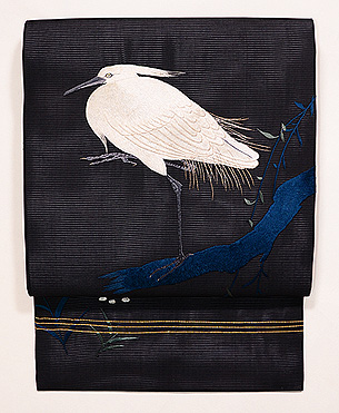 柳にとまる白鷺の図刺繍絽名古屋帯