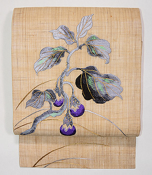 麻地ナスの刺繍名古屋帯