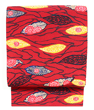 浦野理一作 鬼しぼ縮緬流水に葉っぱ散らしの名古屋帯