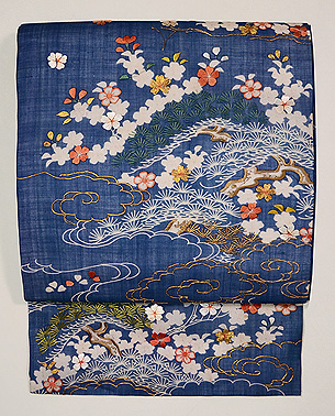 麻地江戸裂松の木に桜の名古屋帯