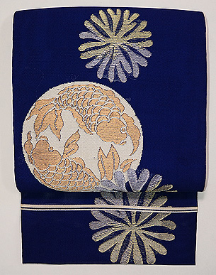 藍地海松に双魚紋の袋帯