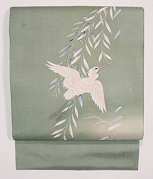 深川鼠色柳に白鷺絽名古屋帯