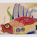 魚エンゼルフィッシュとカサゴの刺繍夏名古屋帯　前柄