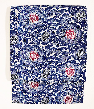 浦野理一作 牡丹唐草型染め名古屋帯