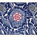 浦野理一作 牡丹唐草型染め名古屋帯　前柄