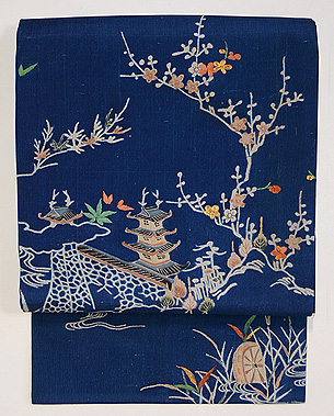 藍地江戸裂名古屋帯