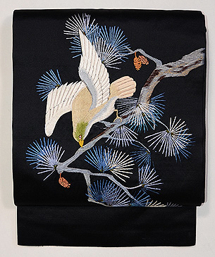 松に鳥の図刺繍名古屋帯