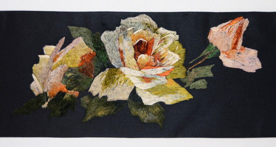 薔薇刺繍黒繻子名古屋帯 - アンティーク着物の灯屋2