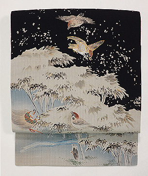 雪景色に雀と隠れ蓑の図小袖崩し名古屋帯