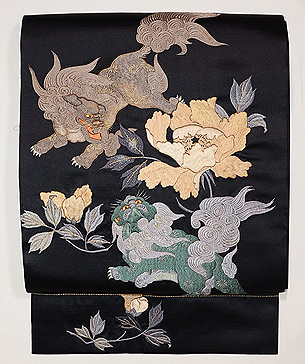 唐獅子と牡丹の刺繍名古屋帯