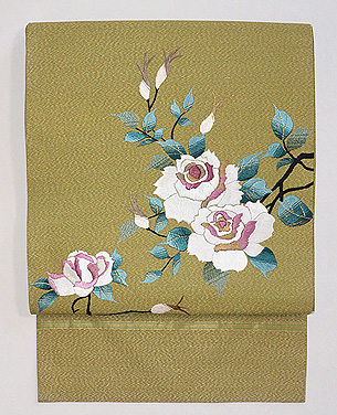 白薔薇と蕾の刺繍名古屋帯