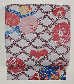松に桃文様紅型染め名古屋帯