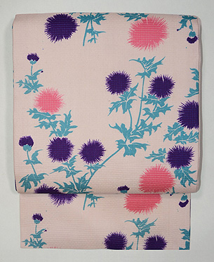 薊尽くし文様絹紅梅名古屋帯