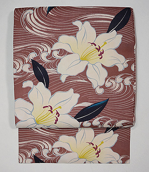 白百合に波文様絽名古屋帯