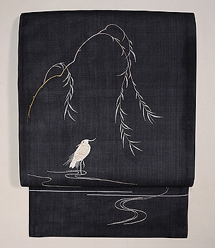 柳に白鷺の図絽名古屋帯