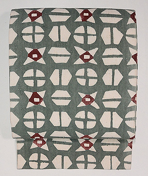 浦野理一作 糸巻き柄型染めの名古屋帯