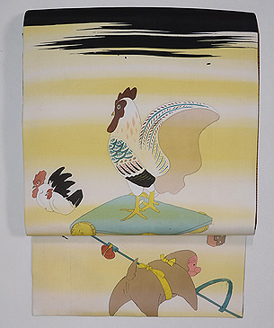 オモチャ柄ニワトリ張り子車の名古屋帯