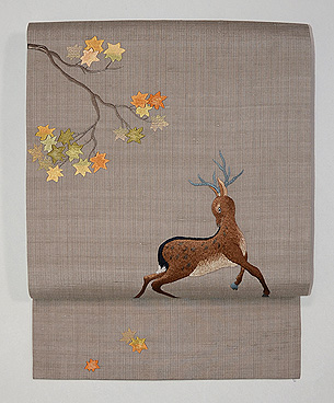 紅葉に鹿の刺繍名古屋帯