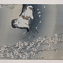 縮緬地しだれ桜に遊ぶむく犬の名古屋帯　前柄