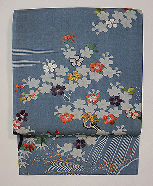 藍地山桜の図小袖くずし名古屋帯