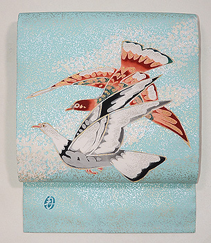 皆川月華作 まき糊にハトの図名古屋帯