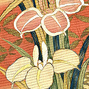 菖蒲に春秋のお花文様ピンク絽錦紗振袖　質感・風合